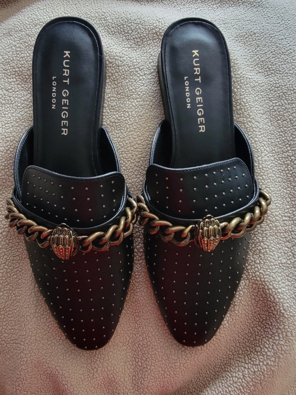 Kurt Geiger Black Studded Slip-On Mules with Gold Chain